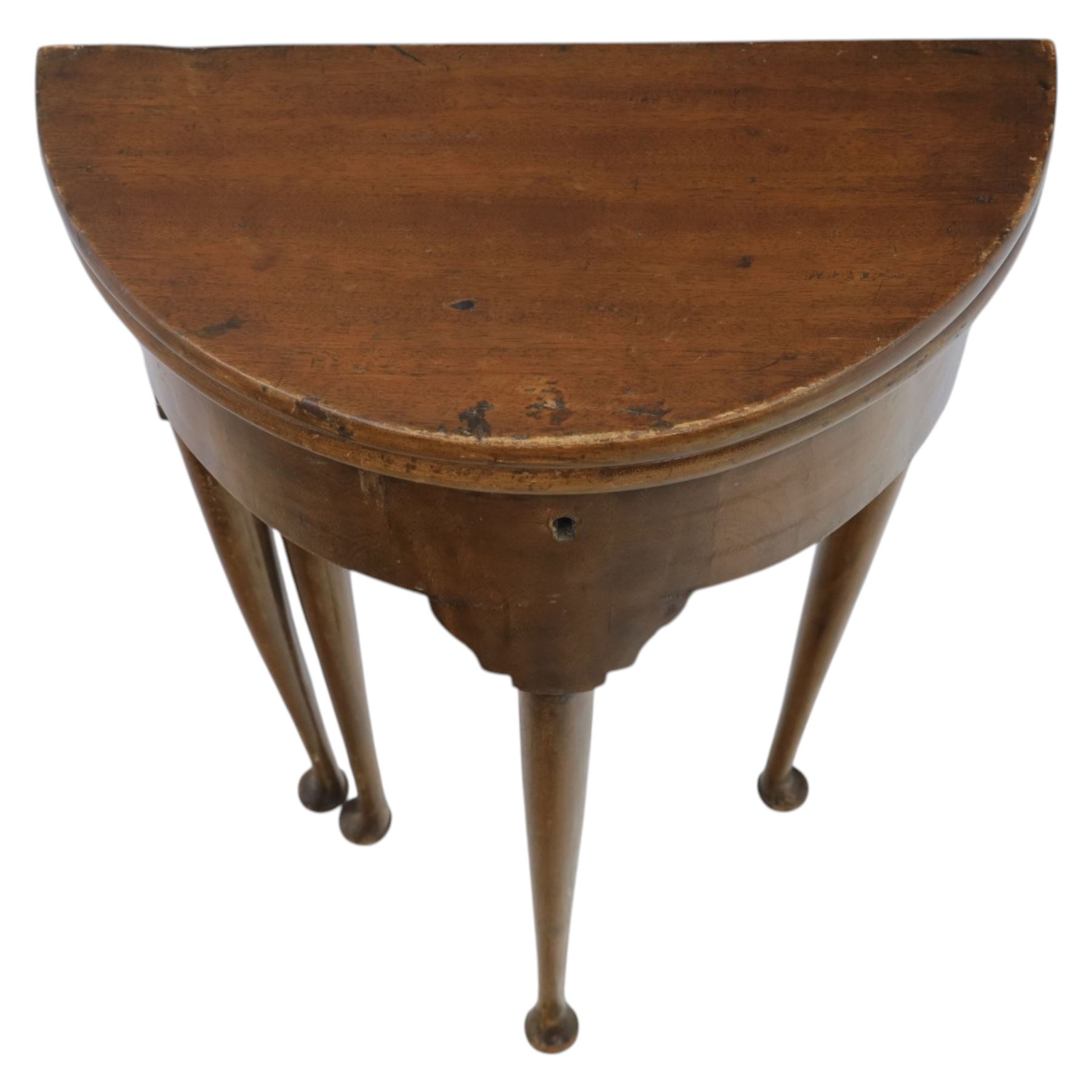 Small proportioned 19th century demi-lune drinks table, foldover top with gate action, raise on tapering cabriole legs
