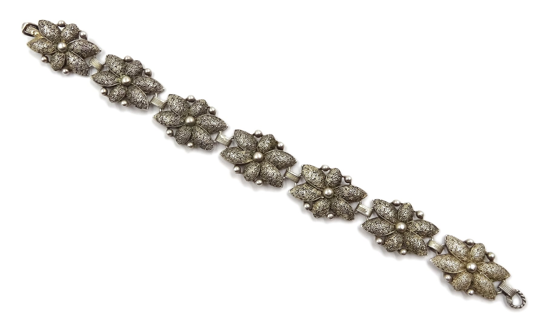 Thedore Fahrner Art Deco silver filigree design flower bracelet, stamped TF 925 Fahrner