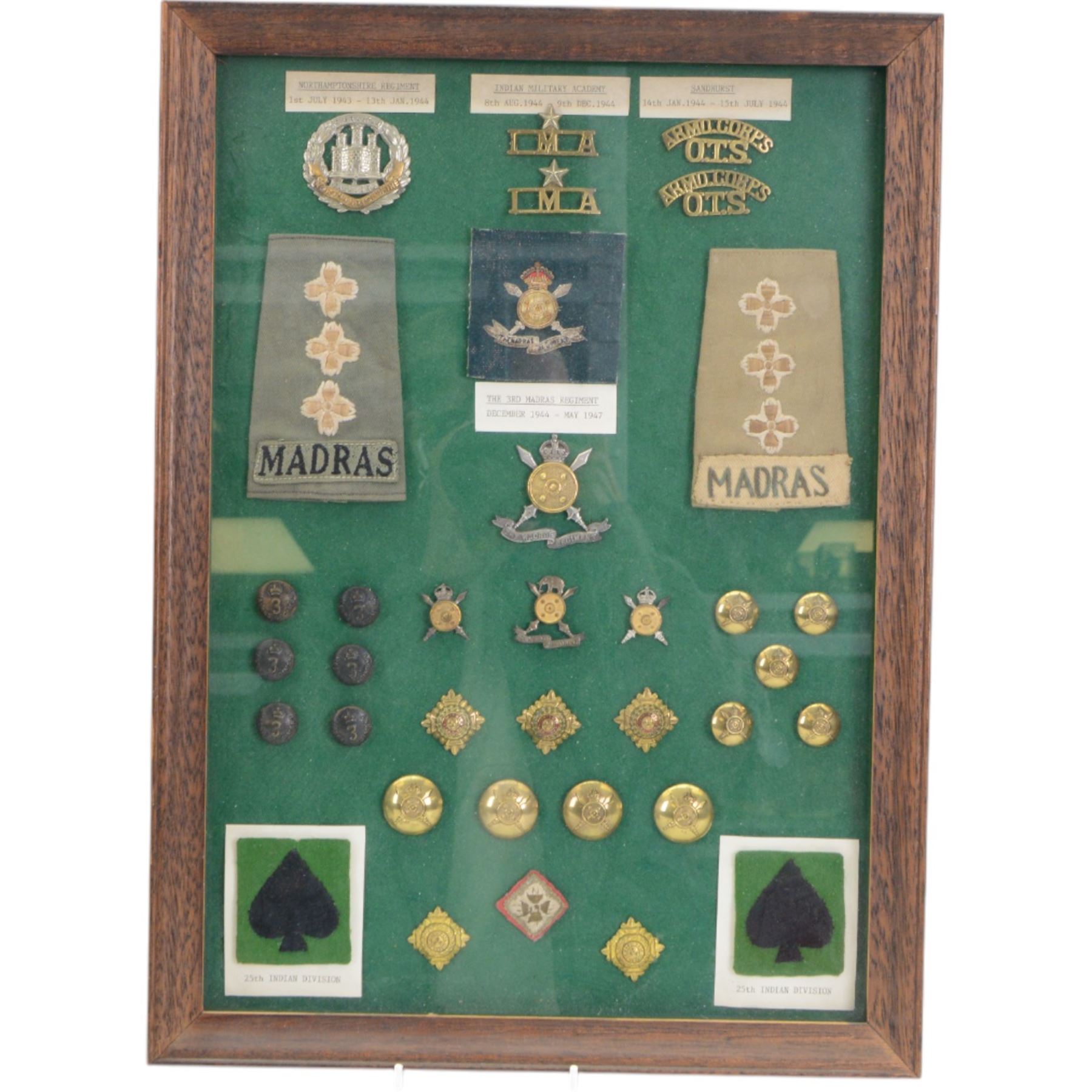 Military medals awarded to two generations of the Lattimore family, Boer War trio; Queen South Africa medal with clasps for Johannesburg, Orange Free State and Cape Colony, Kings South Africa medal with clasps for South Africa 1902 and South Africa 1901 and  Army Meritorious Service Medal, G.V.R, awarded to Frederick John Barcham Lattimore Norfolk Regiment and set of six medals; Burma Star, Defence Medal, War Medal, 1939-45 Star, General Service Cross and National Service Medal, awarded to Captain Albert Edward Lattimore 2nd para Battalion the 3rd Madras Regiment, Indian Army, together with insignias other items relating to Madras Regiment, photographs and ephemera  
