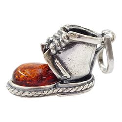 Silver amber and pearl boot pendant / charm, stamped 925