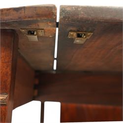 19th century and later mahogany extending dining table (12' 7’'), two D-ends, central drop-leaf table and two additional leaves, with satinwood bands, on square supports with block feet (lacking forks)