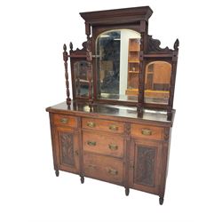 Edwardian walnut mirror back sideboard, triple arched and bevelled mirror back with turned supports, fitted with five drawers and two cupboards