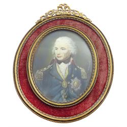 19th Century School
Portrait miniature upon ivory
Head and shoulder portrait of Admiral Lord Nelson 
Indistinctly signed, Wreygth?
Within gilt frame with ribbon surmount and dark red velvet border, easel type support verso
Oval 8cm x 6.5cm

