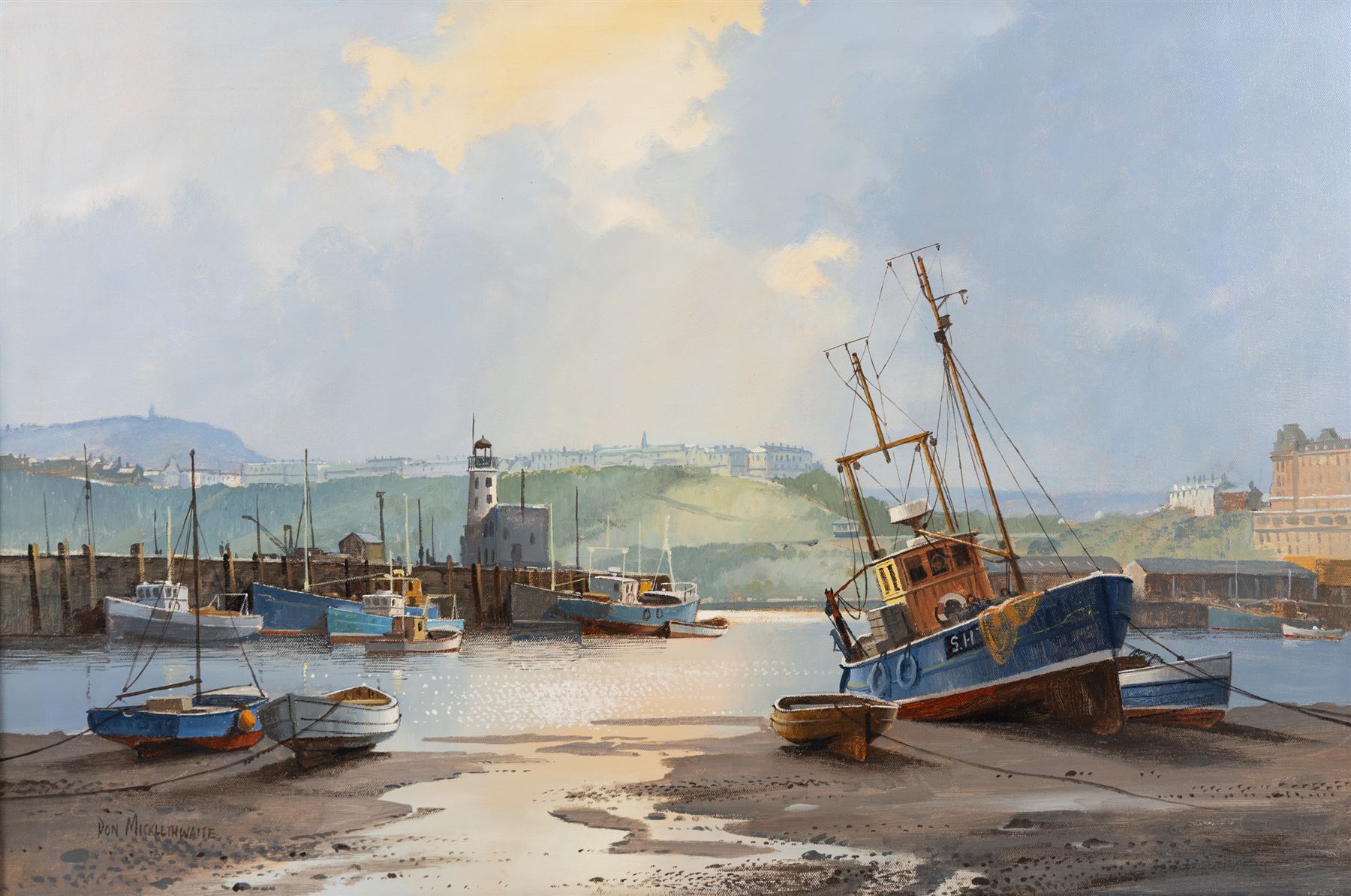 Don Micklethwaite (British 1936-): Scarborough Harbour in Sun, oil on canvas signed 50cm x 75cm 