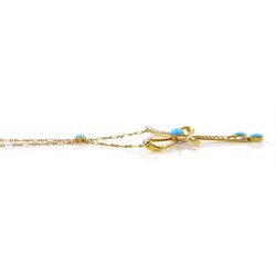 Edwardian 15ct gold turquoise and seed pearl pendant bow necklace, stamped