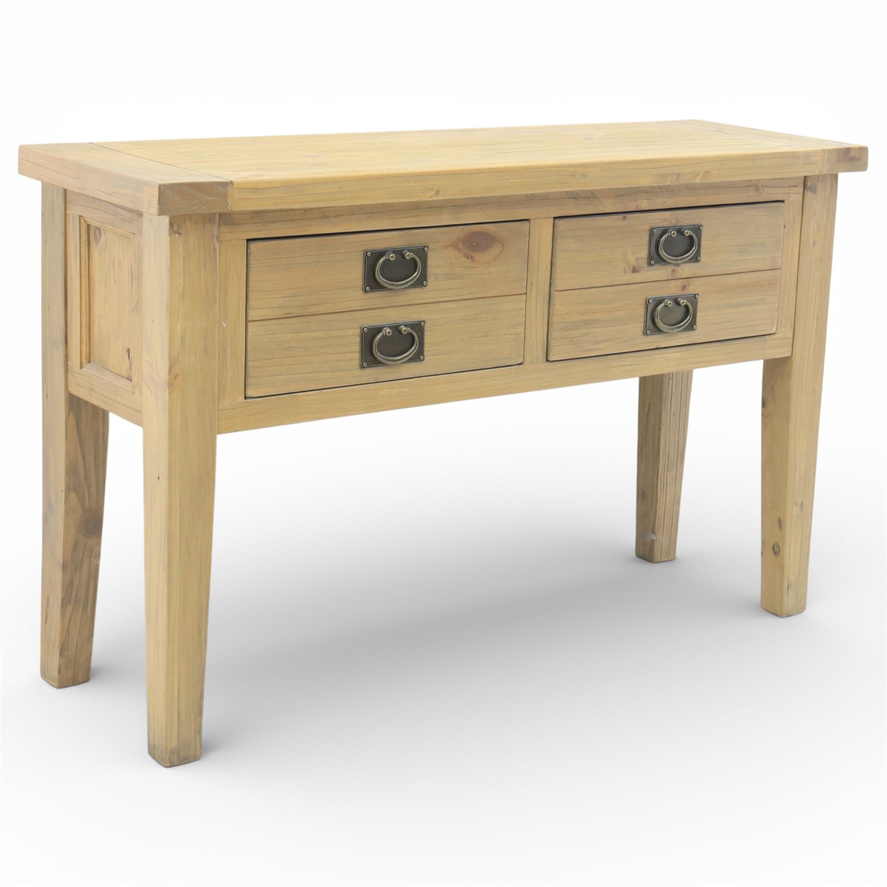 Rustic pine modern console table, fitted with two drawers