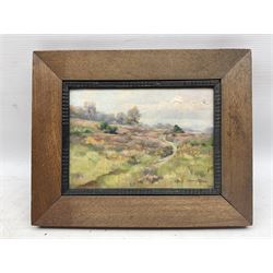 Edith Brearey Dawson (née Robinson) (British 1862-1928): Stream in the Moors, oil on canvas laid onto board signed 17cm x 24cm
Notes: Edith was the daughter of a Quaker Schoolmaster living in Scarborough as early as 1881, she studied under Albert Strange at the Scarborough School of Art, exhibiting at the Royal Academy and the RBA between 1889 and 1893. She married fellow artist Nelson Ethelred Dawson in 1893 then moving to London she mostly abandoned painting in favour of metal and enamel work
