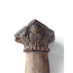 Matched pair of 19th century hardwood architectural columns with carved capitols, column diameter 18cm