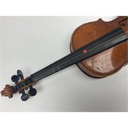 Early 20th century German Saxony three-quarter size violin with 34cm one-piece maple back and ribs and spruce top L55.5cm overall; in ebonised wooden 'coffin' case with bow