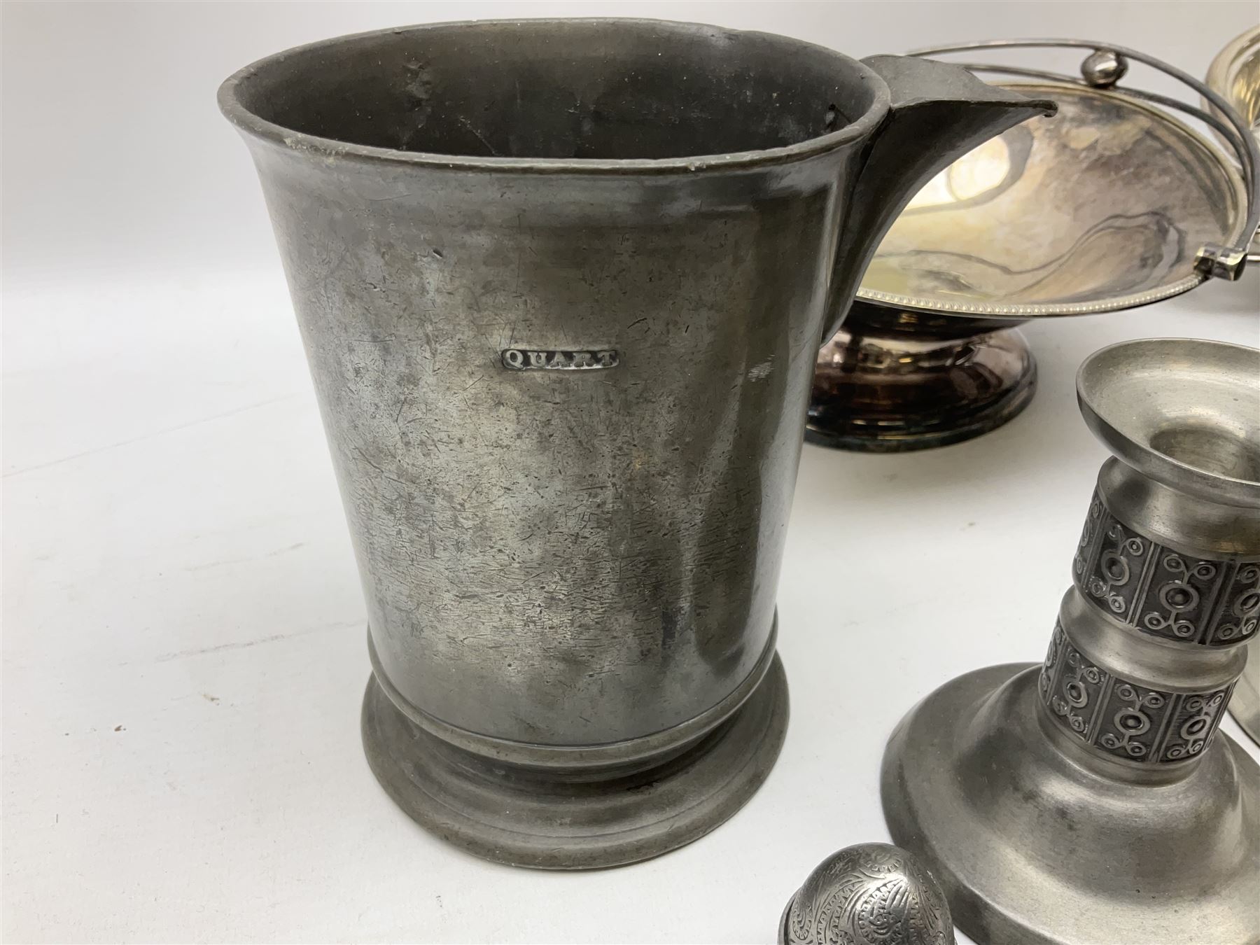Collection of pewter to include, quart jug, one pint jug measure, teapot etc and other metalware including two Walker & Hall serving dishes