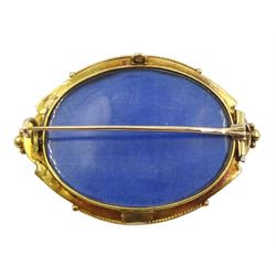 Victorian Etruscan revival gold brooch set with an oval citrine