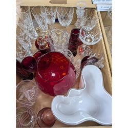 Large collection of glassware, including two ship decanters, Edinburgh crystal, Royal Doulton, red glass, etc in six boxes 