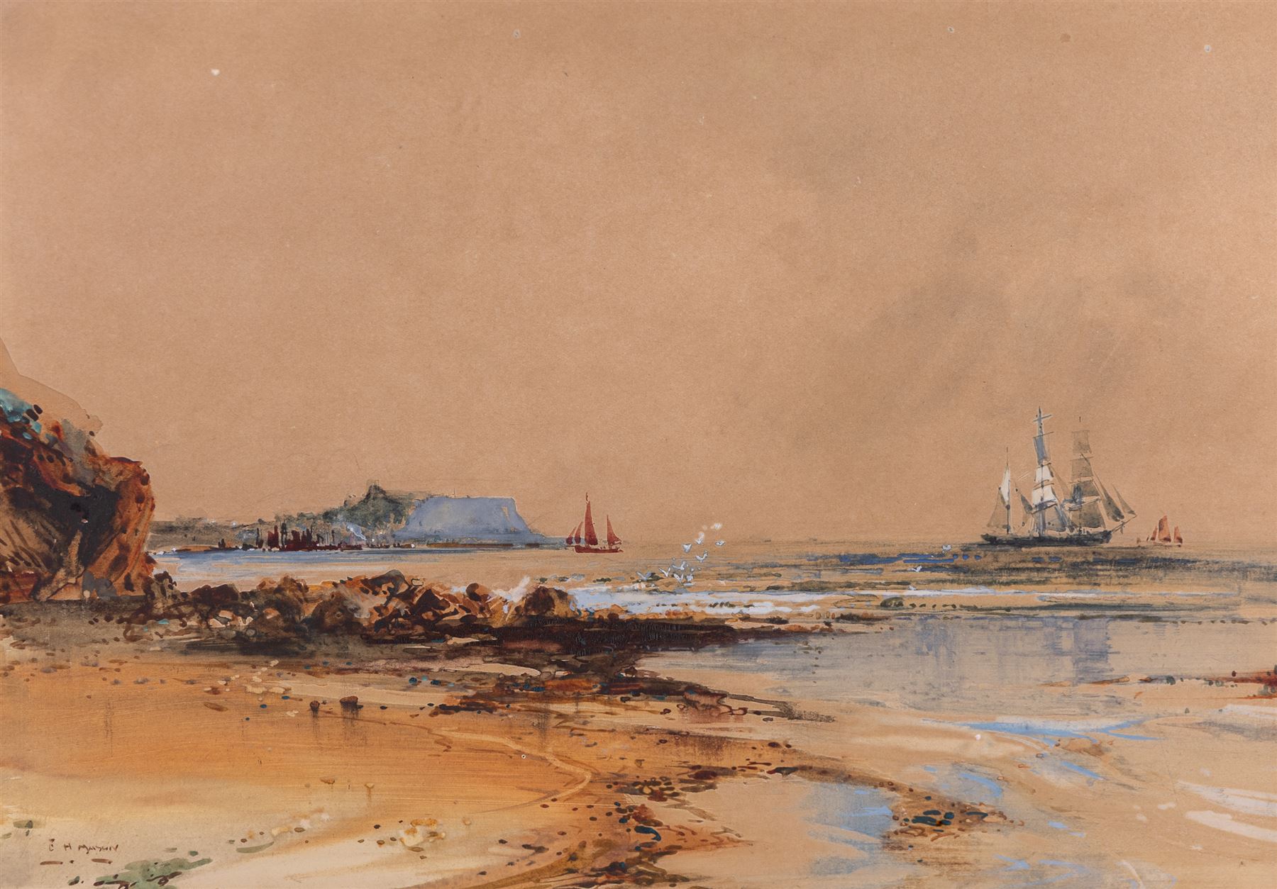 Frank Henry Mason (Staithes Group 1875-1965): Scarborough from Cornelian Bay & Sailing Vessels off the Scarborough Coast, pair watercolours signed 23cm x 34cm (2)