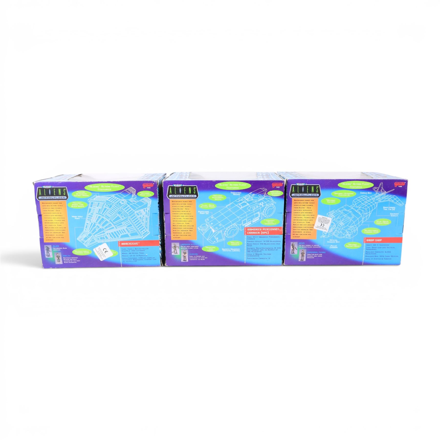 Three Galoob Aliens Action Fleet micromachines, comprising Drop Ship, Narcissus and Armoured Personnel Carrier, all boxed