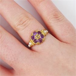 14ct gold amethyst, diamond and pearl ring, single rose cut diamond, surrounded by six round cut amethysts, the shoulders with two split pearls set either side