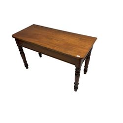 Victorian mahogany side table, rectangular top with banded frieze, raised on turned supports