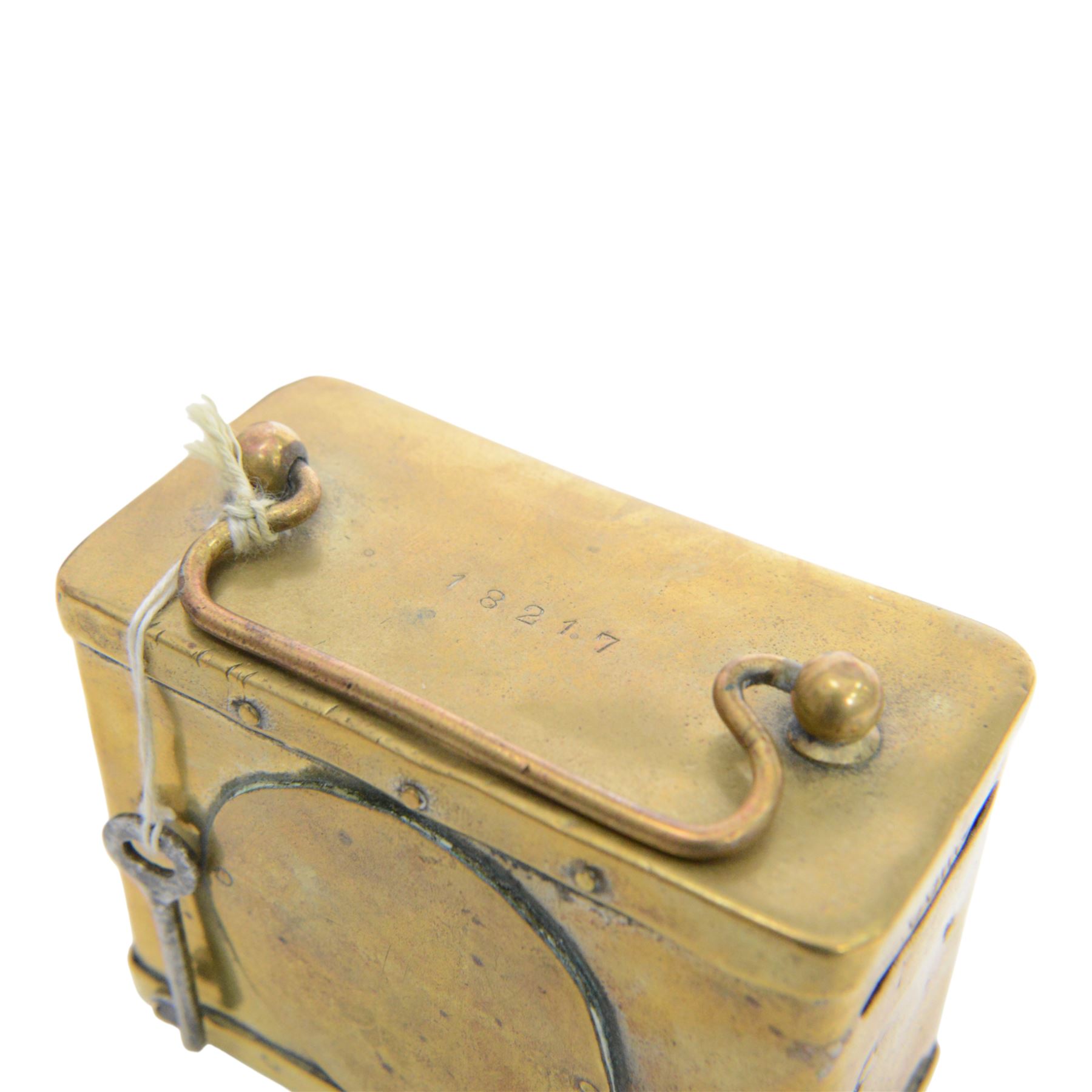 Early 20th century moneyboxes, including trench art example, Bakelite example with applied West Africa Two Shilling coin engraved 'Joan', three brass pot boxes and a wooden ebonised example with brass mounts, tallest H15cm