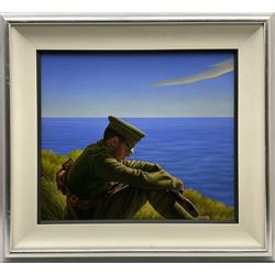 Ross Watson (Australian 1962-): Soldier's Contemplation on the Cliff Top, acrylic on board signed 44cm x 51cm