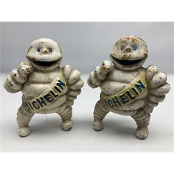 Five cast metal and painted promotional moneyboxes and figures, to include example advertising Esso, manufactured for M Busch GmbH Motor Parts Manufactory, Germany, with yellow head, and four Michelin men figures to include Michelin man on motorbike