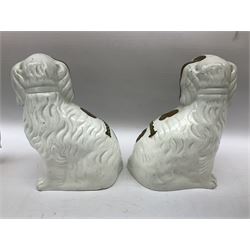 Pair of copper lustre Staffordshire dogs, together with majolica sardine dish and cover, Early nineteenth century commode shaped teapot, with feldspathic relief moulding and sliding lid, etc