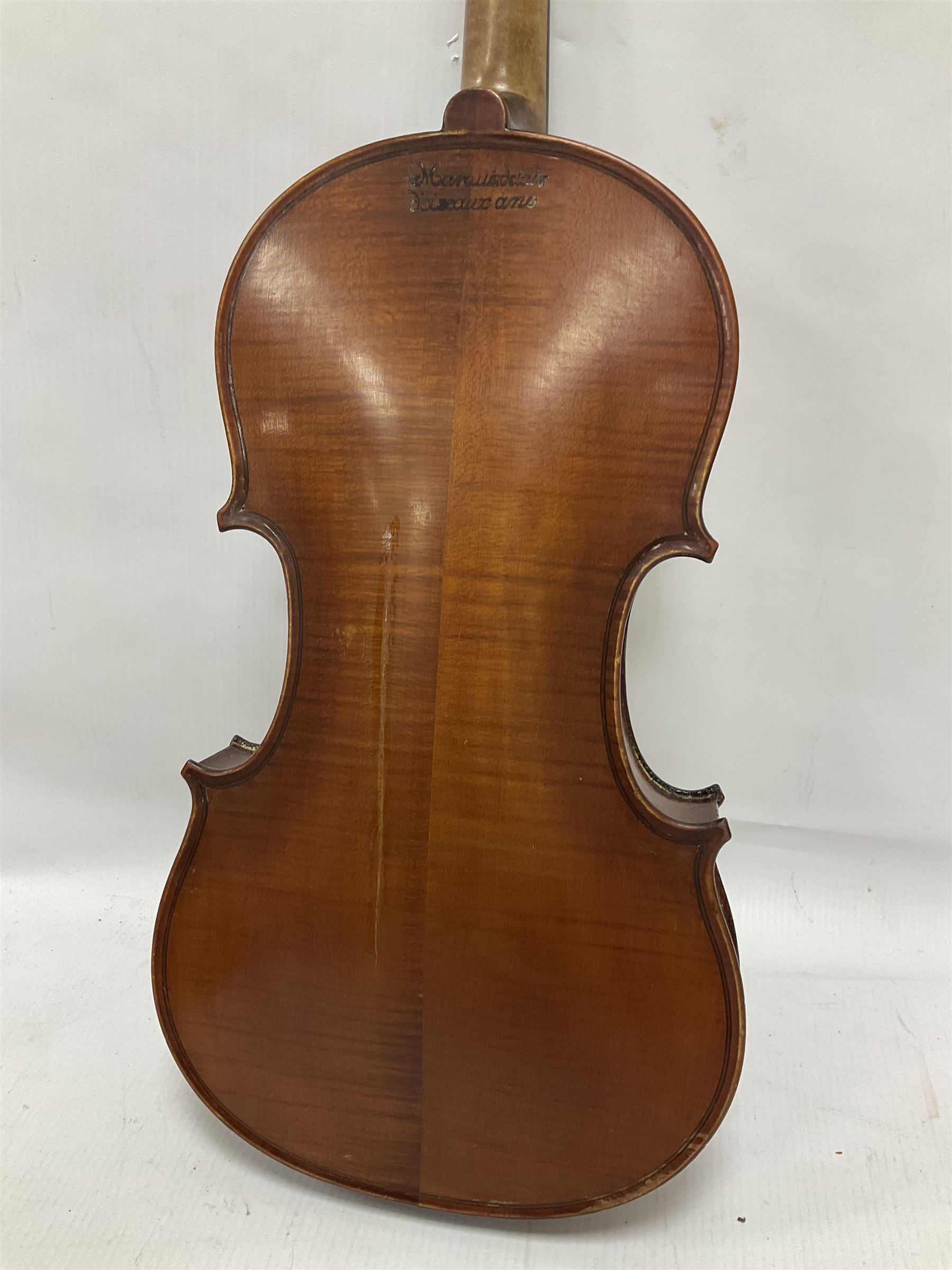 Four violins 1/8th size; half size with Nicolas Bertholini label; three-quarter size with Stradivarius copy label; and full size with Marquis De L'Air label (4)