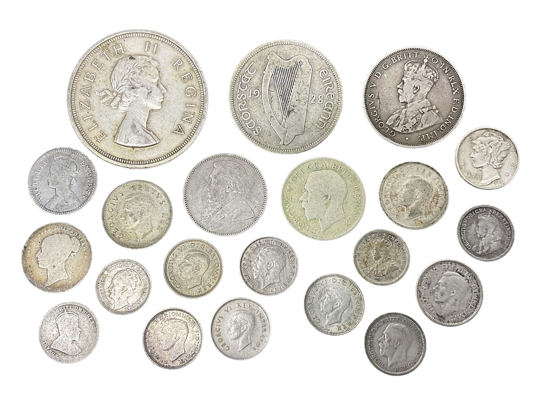 Queen Victoria India 1894 quarter rupee, South Africa 1895 one shilling coin, King George V Australia 1911 one florin - two shillings, Ireland 1928 two shillings sixpence, United States of America 1943 Liberty dime, Queen Elizabeth II South Africa 1957 five shillings and other coinage