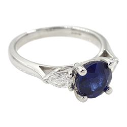 18ct white gold three stone round sapphire and pear shaped diamond ring, sapphire approx 1.50 carat