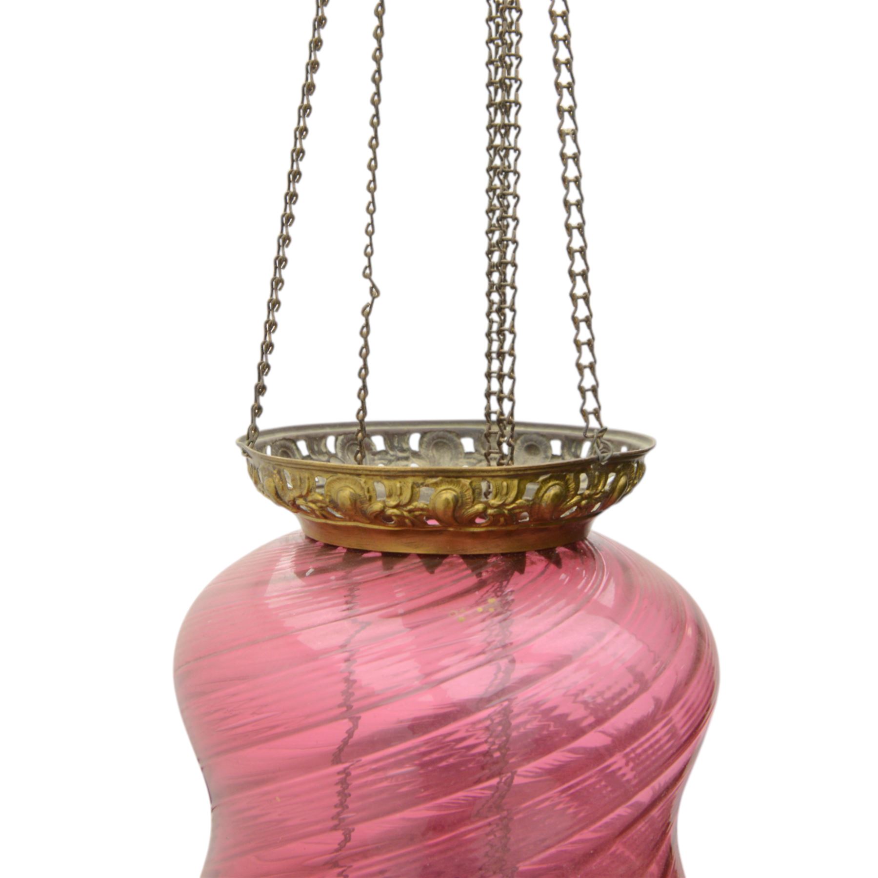 Cranberry glass ceiling oil lamp, of waisted form with metal mounts, 