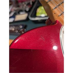 Fender Telecaster electric guitar, serial no. T021384 made in Japan c.1994, with Candy Apple Red body, white scratch plate and maple neck, guitar L98cm