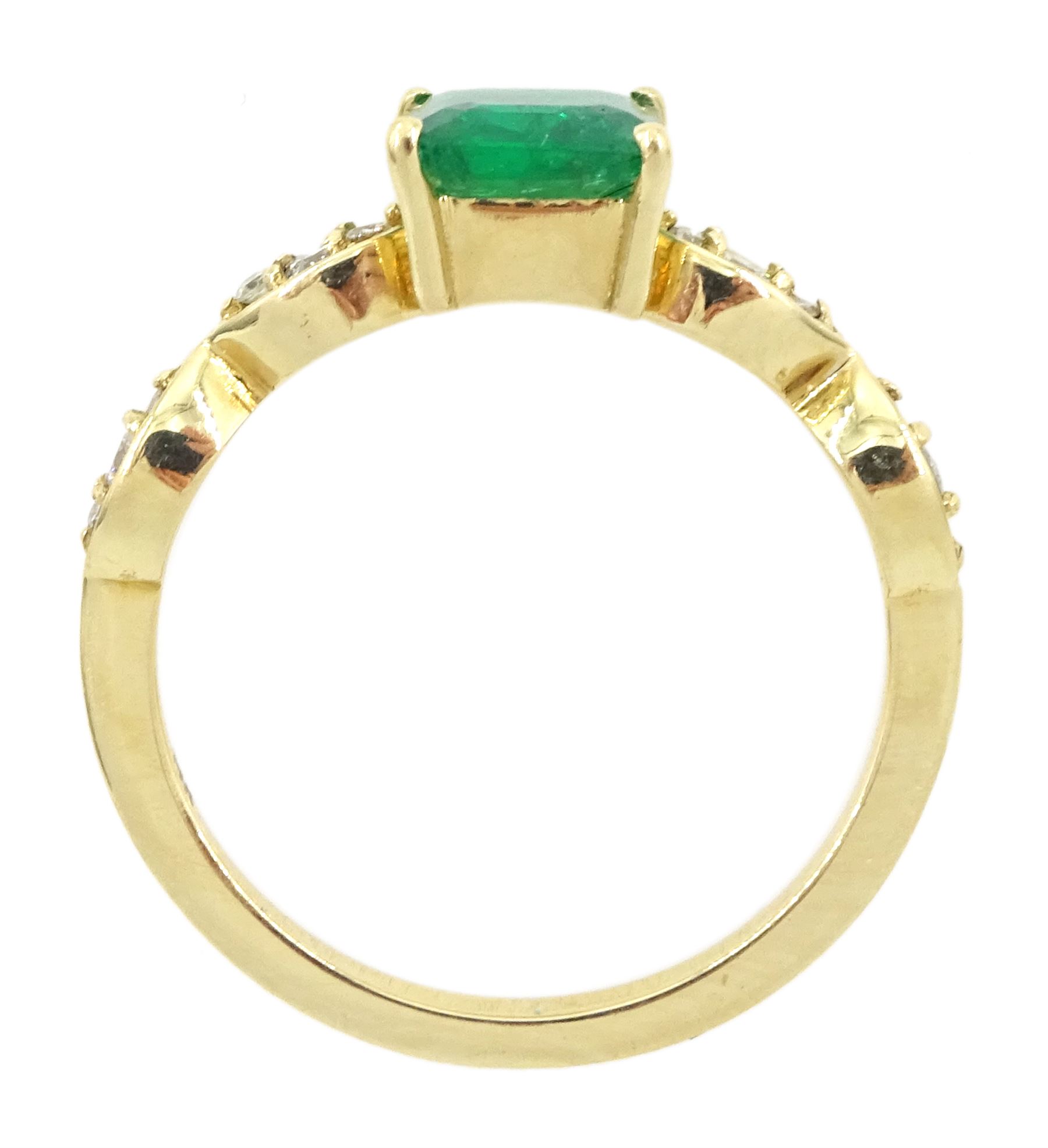 14ct gold square cut emerald ring, with round brilliant cut diamond shoulders, emerald approx 1.15 carat, total diamond weight approx 0.15 carat
