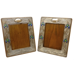  Pair of Art Nouveau silver and enamel on oak freestanding photograph frames by A & J Zimmerman Ltd Birmingham 1902/3, H29.5cm  