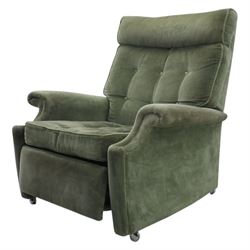 Parker Knoll - mid 20th century reclining armchair, upholstered in green velvet button fabric