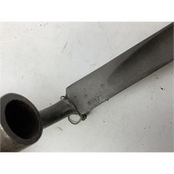 British Pattern 1876 socket bayonet with 43cm steel triangular blade L52cm overall; another socket bayonet with cruciform blade; No.4 Mk.II spike bayonet in metal scabbard with webbing frog; and 1955 Army jack knife by J.H. Thompson Sheffield (4)