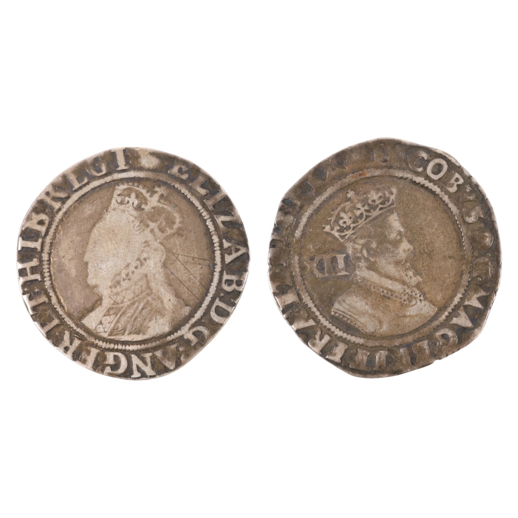 Charles I and Elizabeth I hammered silver shilling coins (2)