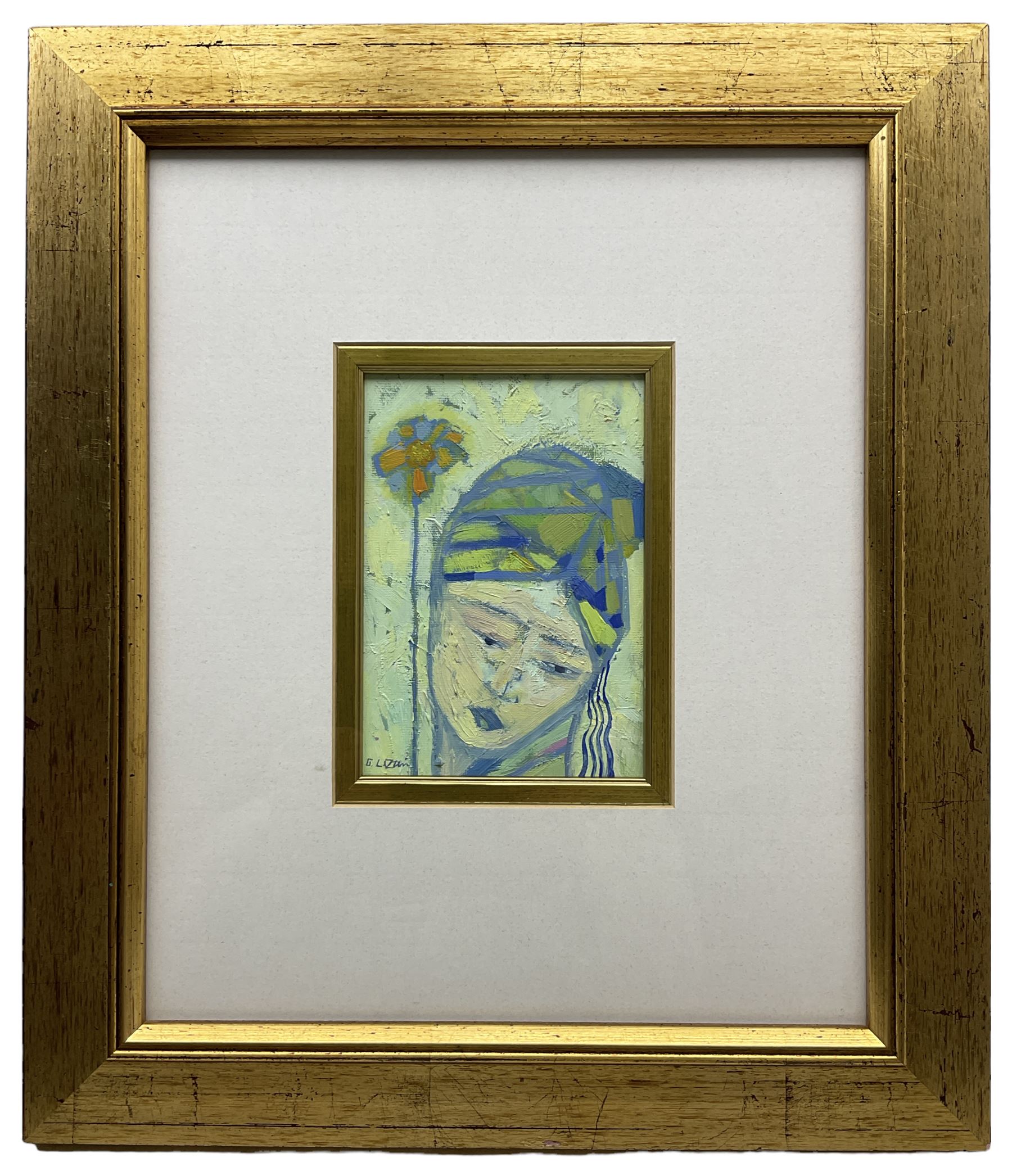 Giuliana Lazzerini (Italian 1951-): 'Faccia Antica', oil on board signed, labelled verso 17cm x 12cm