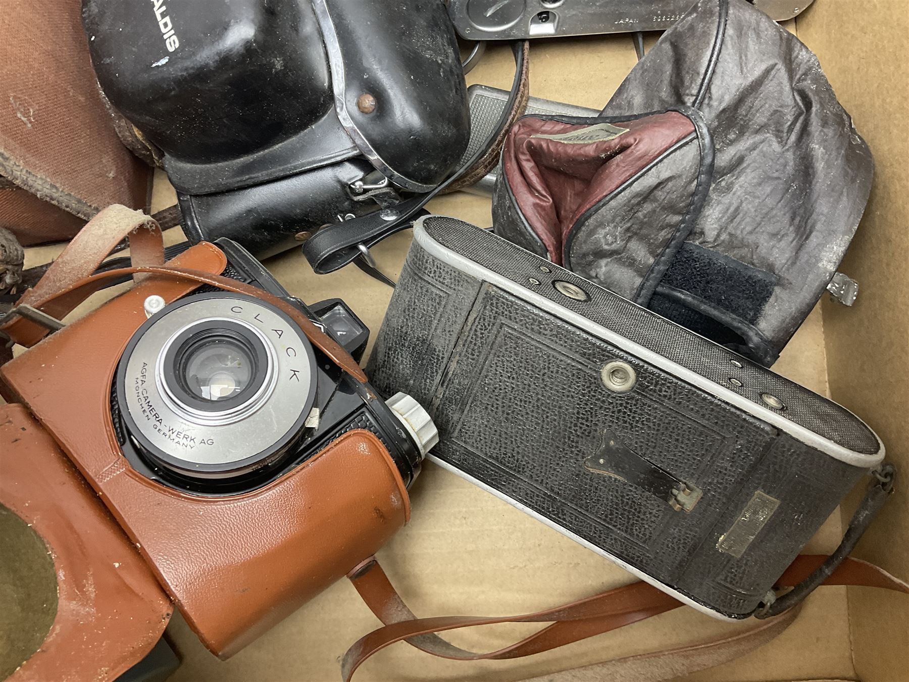 Large collection of cameras to include folding and SLR examples, including Rank Aldis, Agfa, Yashica, etc