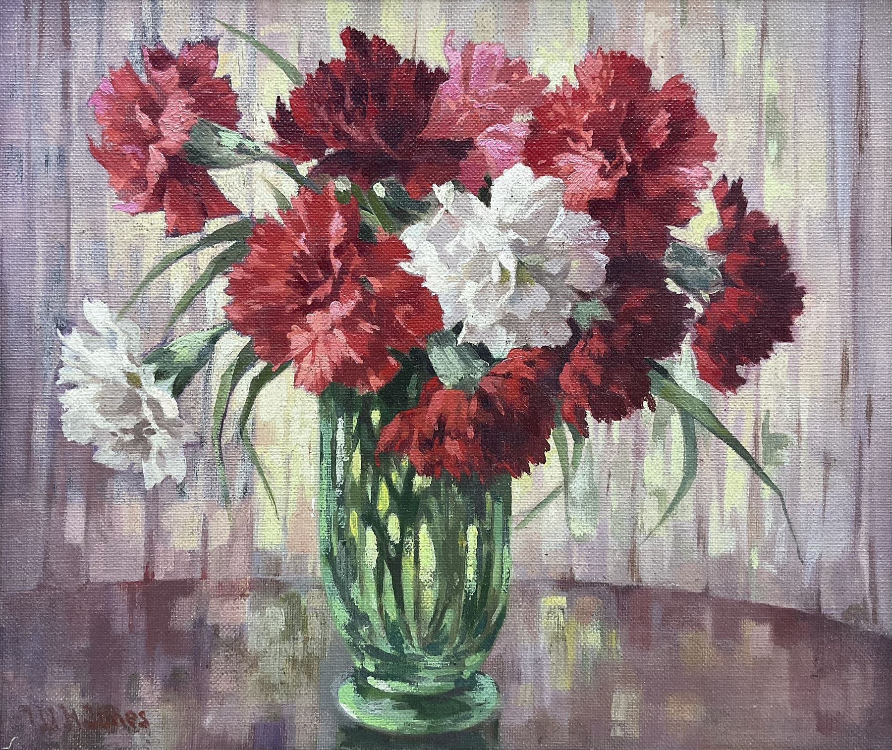 W H Jones (20th century): Still Life of Carnations, oil on canvas board signed 29cm x 34cm
Provenance: with James Starkey Galleries, Beverley, East Yorkshire