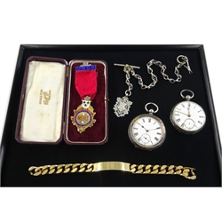  Victorian silver pocket watch, similar continental watch, silver Albert chain & fob, United Ancient Order of Druids silver gilt medal Birmingham 1925 cased, and gents gold-plated chain bracelet   