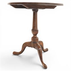 Georgian oak tripod table, plank top raised on a turned baluster column, raised on cabriole supports 