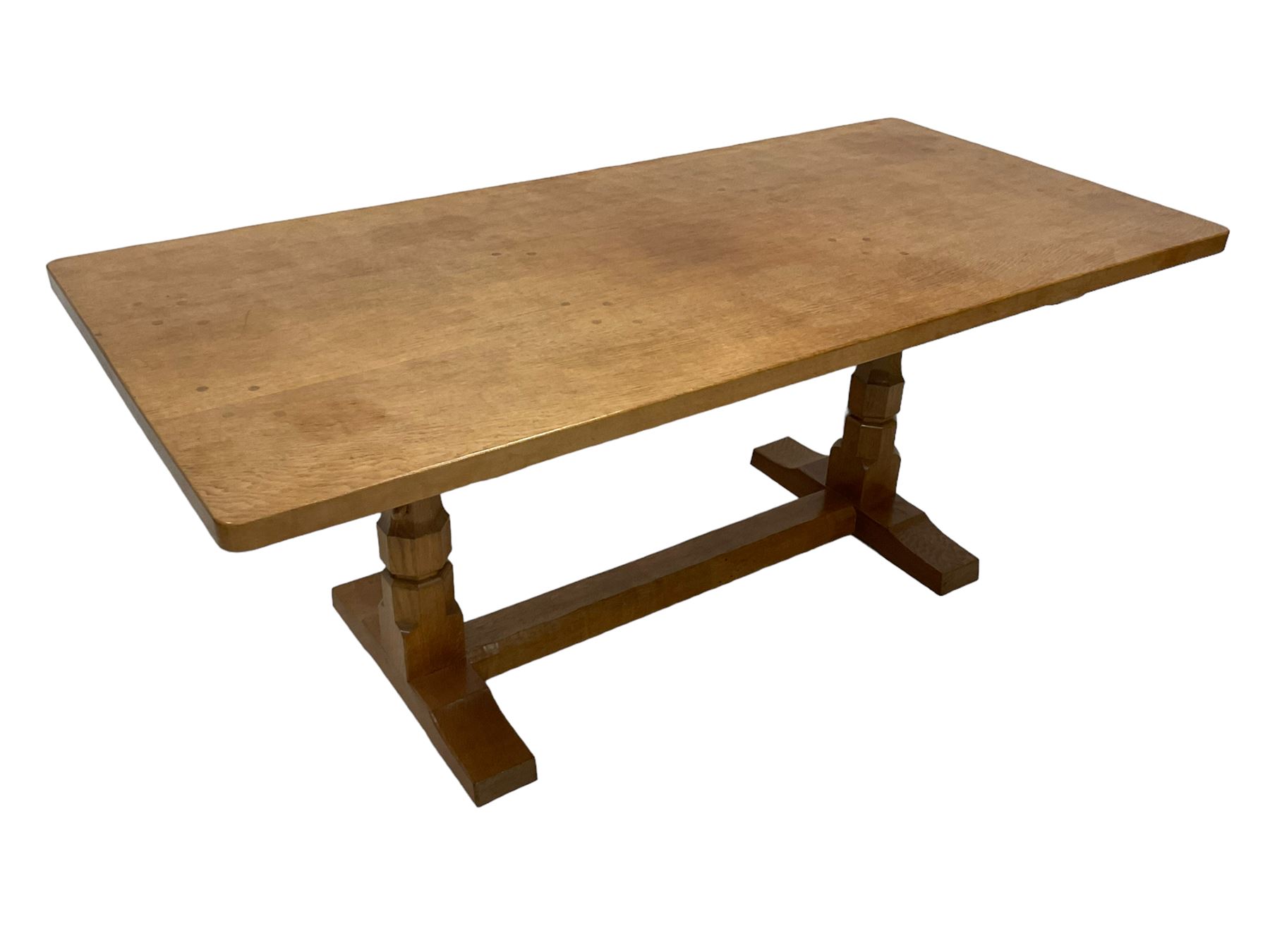Mouseman - oak 6' refectory dining table, rectangular adzed and pegged top, two octagonal pillar supports on sledge feet joined by floor stretcher,  carved with mouse signature, by the workshop of Robert Thompson, Kilburn