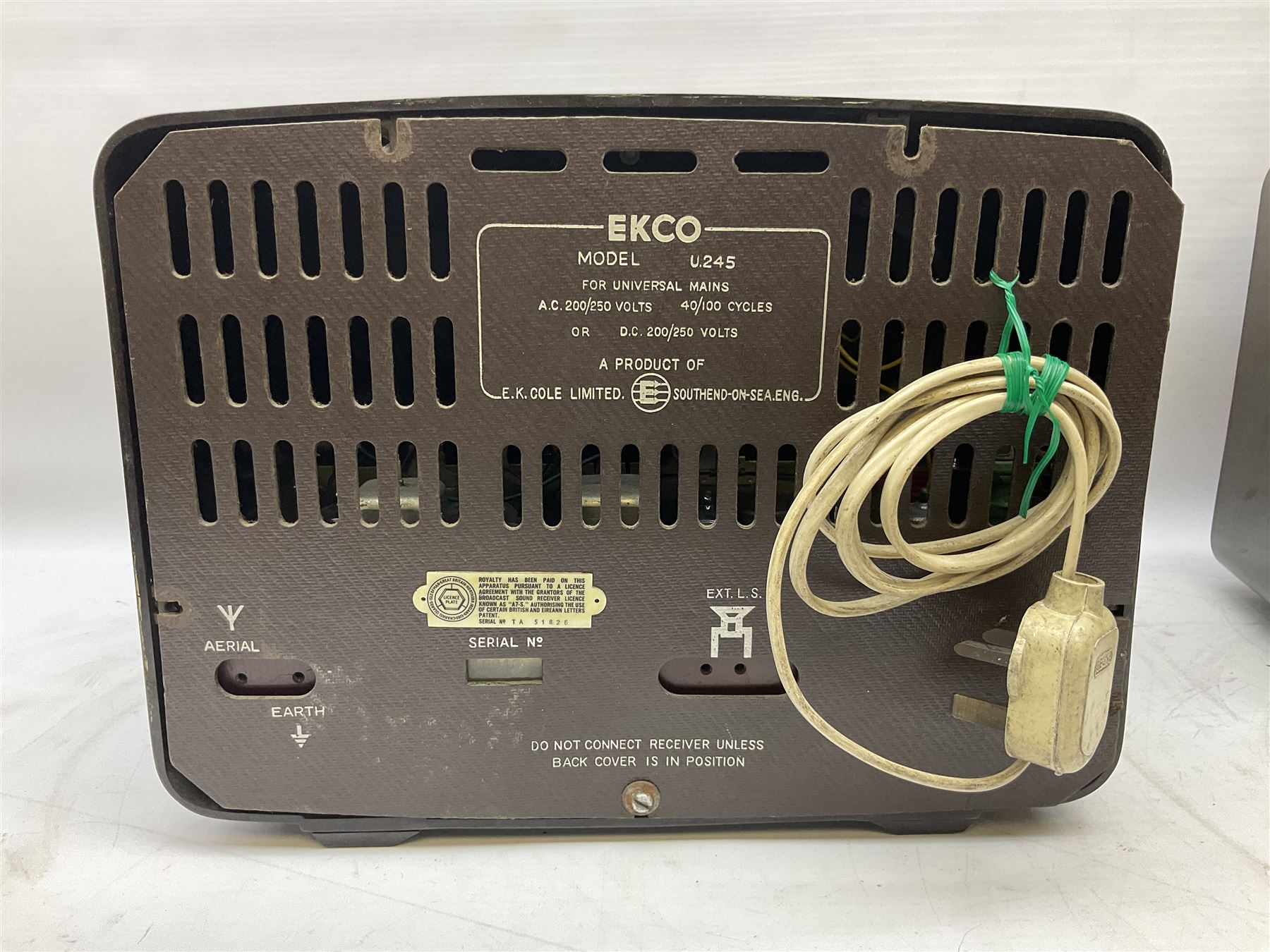 1950s Bush Type DAC 90A valve radio in brown Bakelite case, W29cm D19cm H22cm, two mid-century Ekco radios in Bakelite cases comprising Model U.195 and U.245, and further Pye Bakelite cased radio