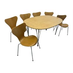 Piet Hein & Bruno Mathsson for Fritz Hansen - contemporary 'superellipse' dining table, oval beech top raised on four chrome supports; set of six Fritz Hansen butterfly-shaped chairs on tubular chrome supports