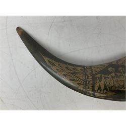 Carved water buffalo horn wall pocket, engraved with landscape scene with patterned borders with pierced foliate panel, together with a pair of horns with similar engraved decoration, L47cm