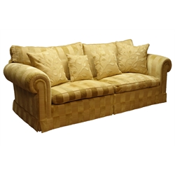  Duresta three piece lounge suite - large three seat sofa (W240cm, D110cm), and pair matching armchairs (W110cm), upholstered gold striped fabric with scatter cushions  