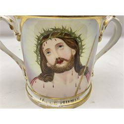 19th century loving cup, with decorated with religious iconography, a gilt rim and writing 'Henry Whittirld Wolverhampton, Whoever drinketh of the water shall thirst again but who soever drinketh of the water that i shall give him shall never thirst',  H14cm