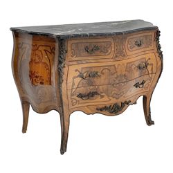 Mid to late 20th century Louis XVI style bombe shaped chest, Kingwood and walnut, serpentine moulded black and white marble top over two short and two long drawers, the sides and drawer fronts inlaid with flower heads and scrolls, ornate metal mounts, splayed tapering supports
