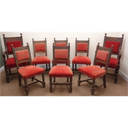  Set eight (6+2) Edwardian oak dining chairs, ball finials, floral carved cresting, moulded frame, upholstered splat and seat, turned supports joined by stretchers, W62cm  