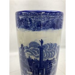 Victoria Ware blue and white umbrella stand, decorated with transfer print decorated with city scape, H43cm