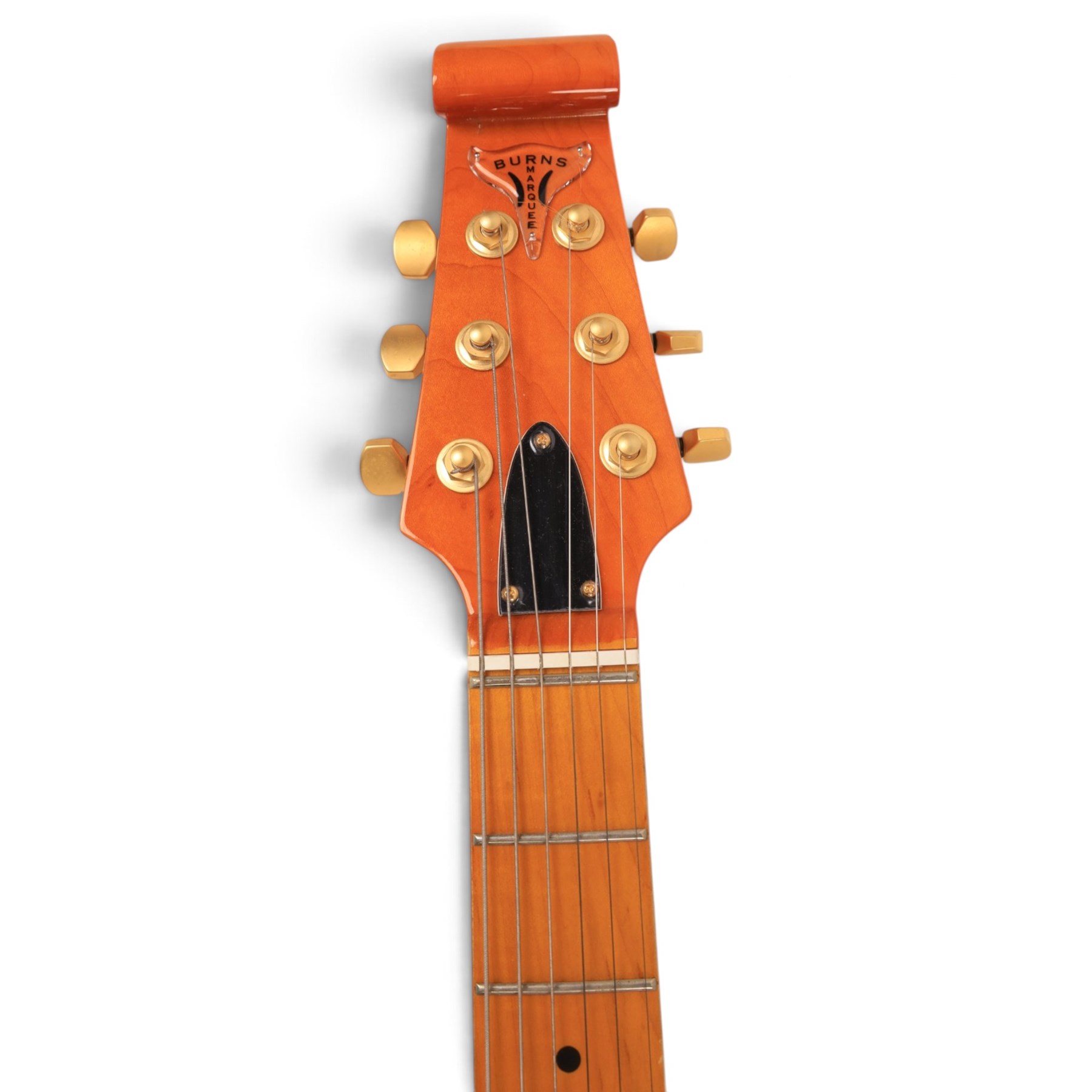 Burns Club Series Marquee electric guitar, serial no. 2070044, circa   early 2000s, black gloss body with marbled metallic blue scratch plate, in a Stagg soft case, guitar L99cm