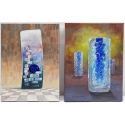 Don Micklethwaite (British 1936-): Blue Vases, pair oils on canvas signed 40cm x 30cm 
Notes: one is a study of an Art Glass sculpture by Patrick Stern